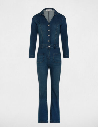 Wide leg denim jumpsuit raw denim women