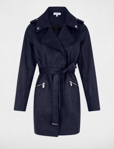 Belted long suede coat navy blue women