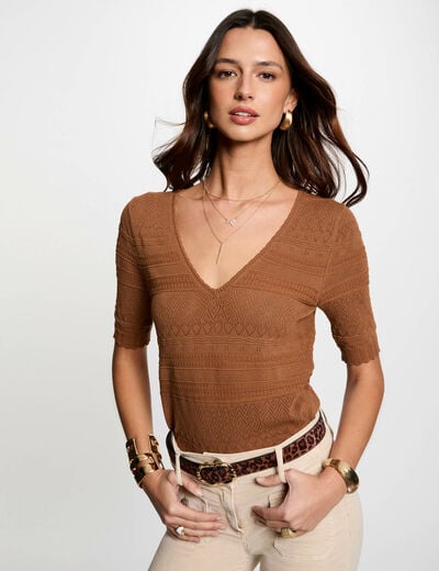 Short-sleeved jumper cognac brown women