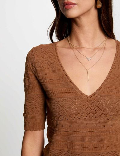 Short-sleeved jumper cognac brown women