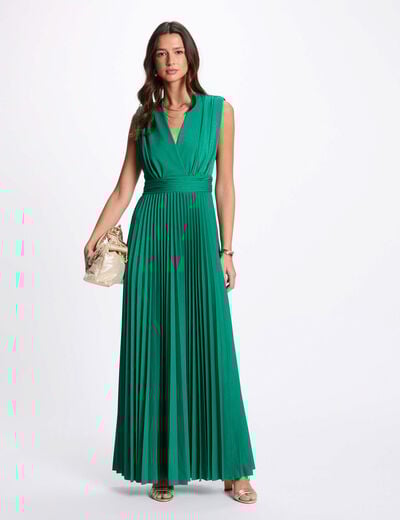 Pleated maxi straight dress emerald green women