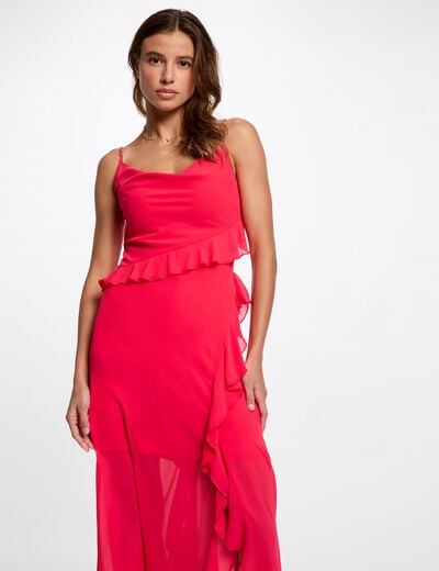 Fitted midi dress ruffles fuchsia pink women