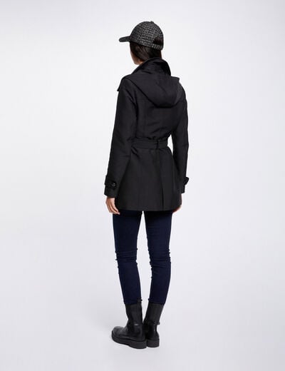 Waisted belted trenchcoat with hood black women